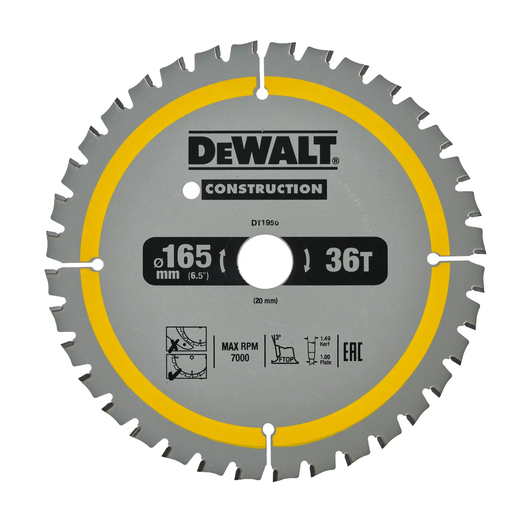 DEWALT DT1950 circular saw blade with 36 teeth, 165 mm diameter, used for construction cutting tasks.