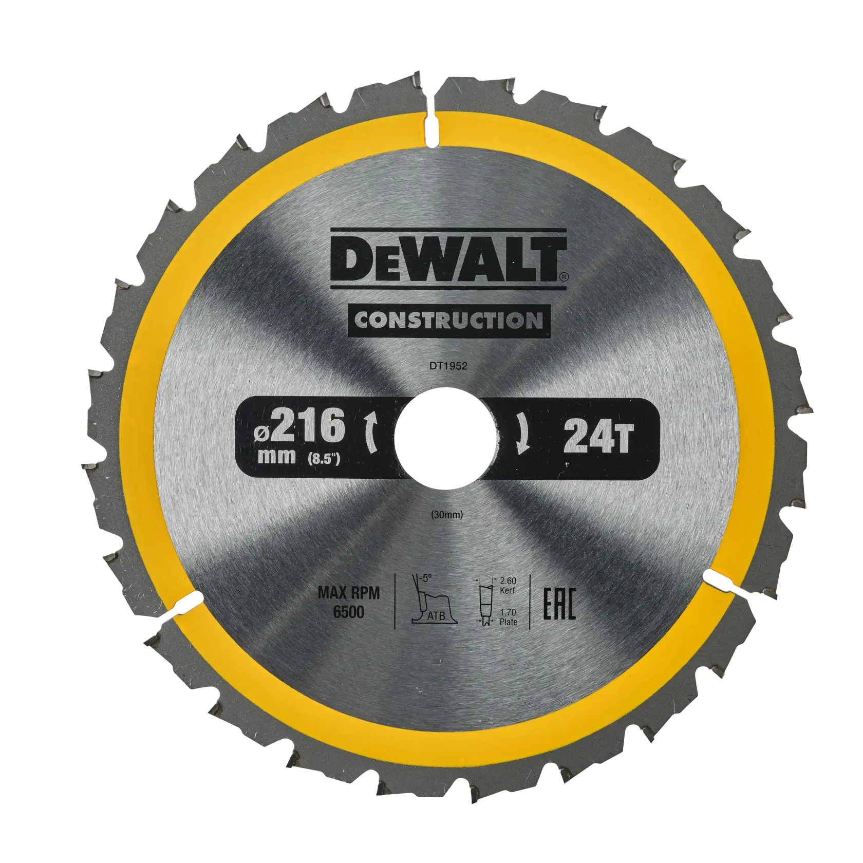 DEWALT DT1952 circular saw blade, 216mm diameter, 24 teeth, silver with yellow rim, construction use.