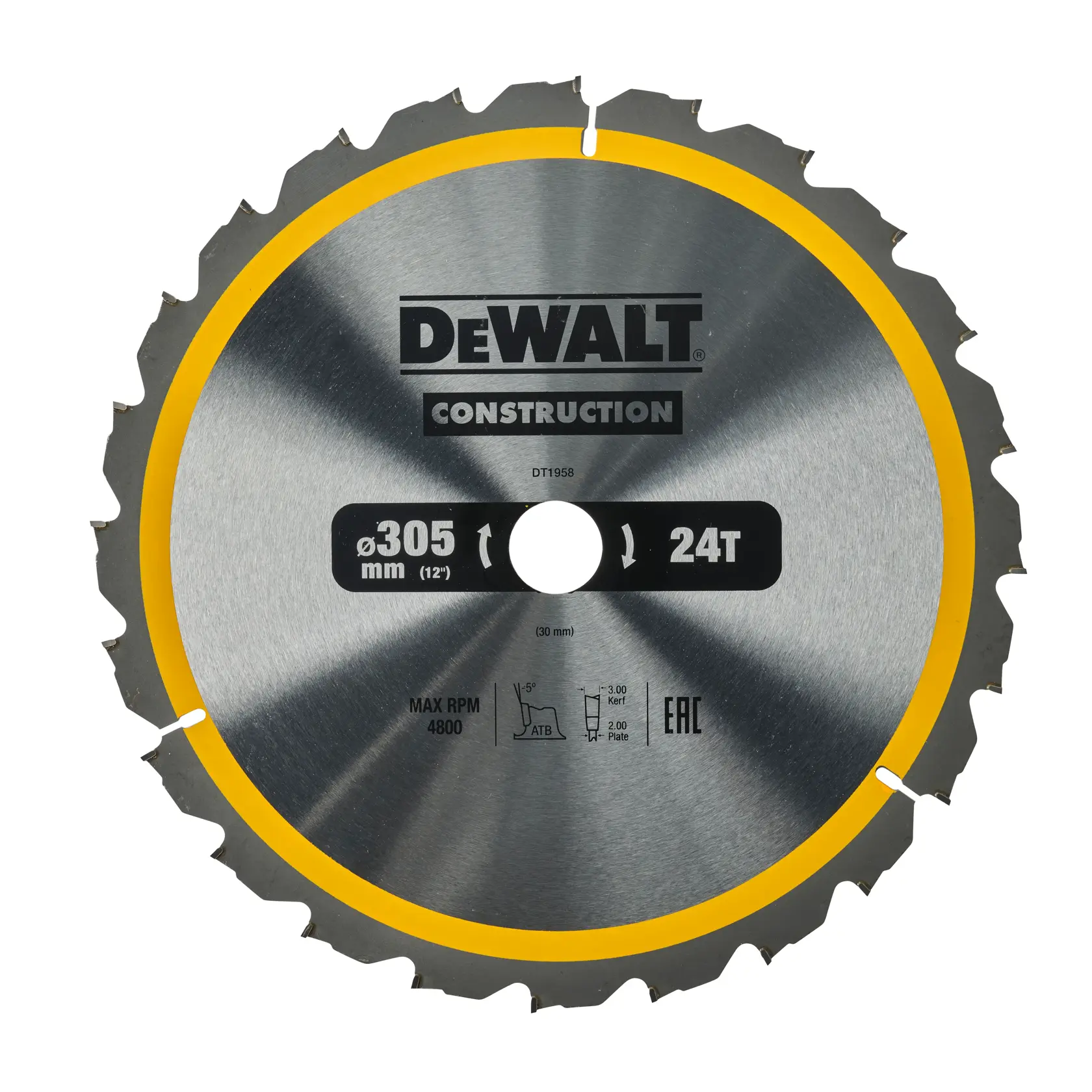 DEWALT DT1958 circular saw blade, 305mm diameter, 24 teeth, silver with yellow edge for construction use.