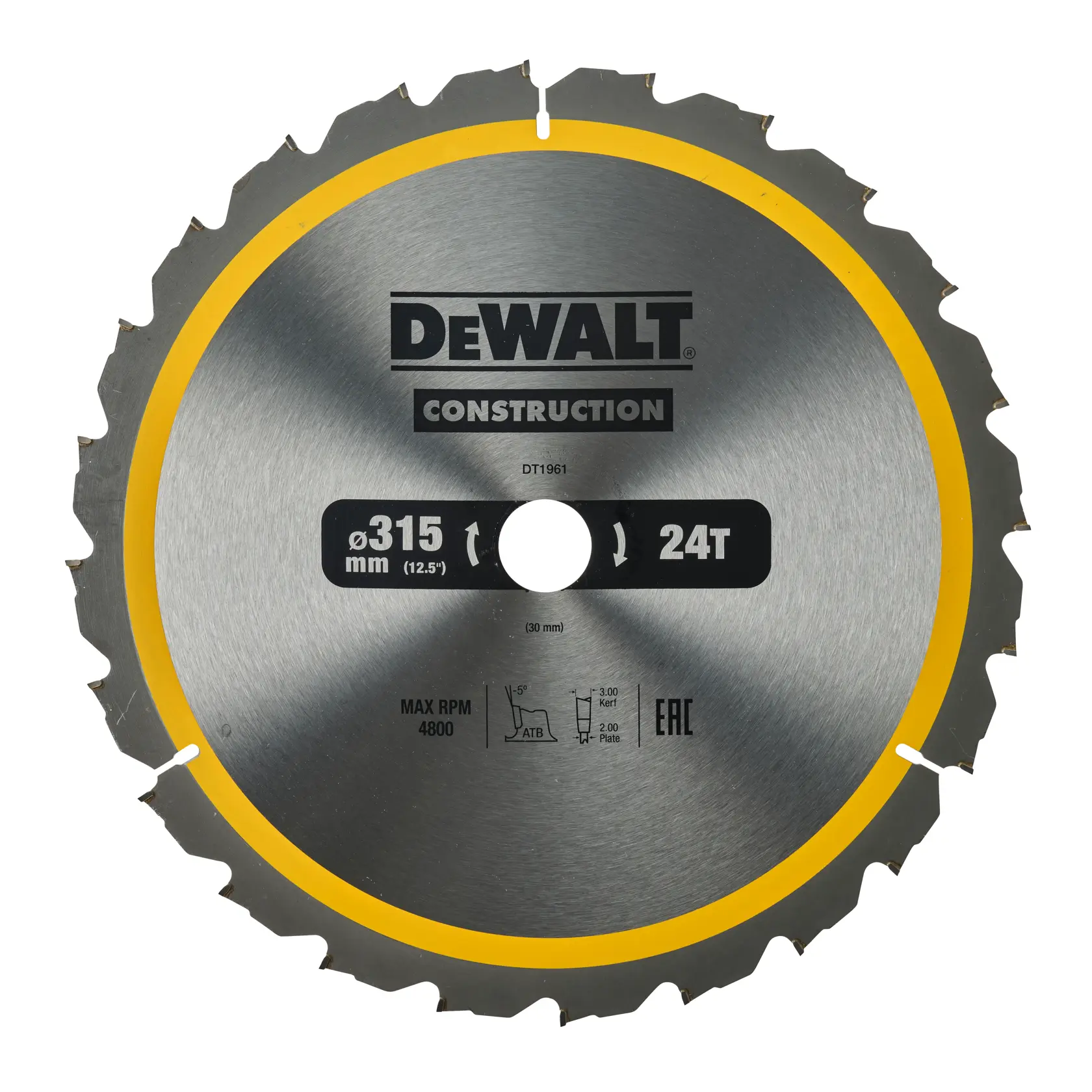 Hoja de sierra circular DEWALT DT1961 315mm, 24 dientes, plateada con borde amarillo para construcción.