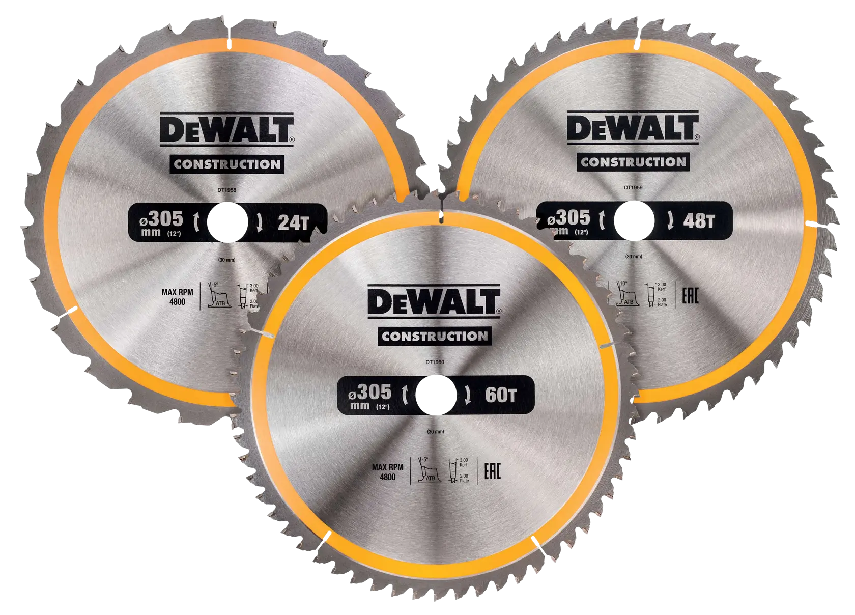DEWALT® CONSTRUCTION Циркулярни дискове (1x305 24T/1x305 48T/1x305 60T) (комплект от 3 бр.)