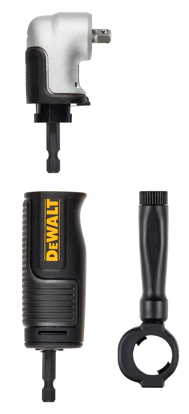 Set de adaptador de taladro angular DEWALT DT20504 con mango y cuerpo principal sobre fondo blanco.
