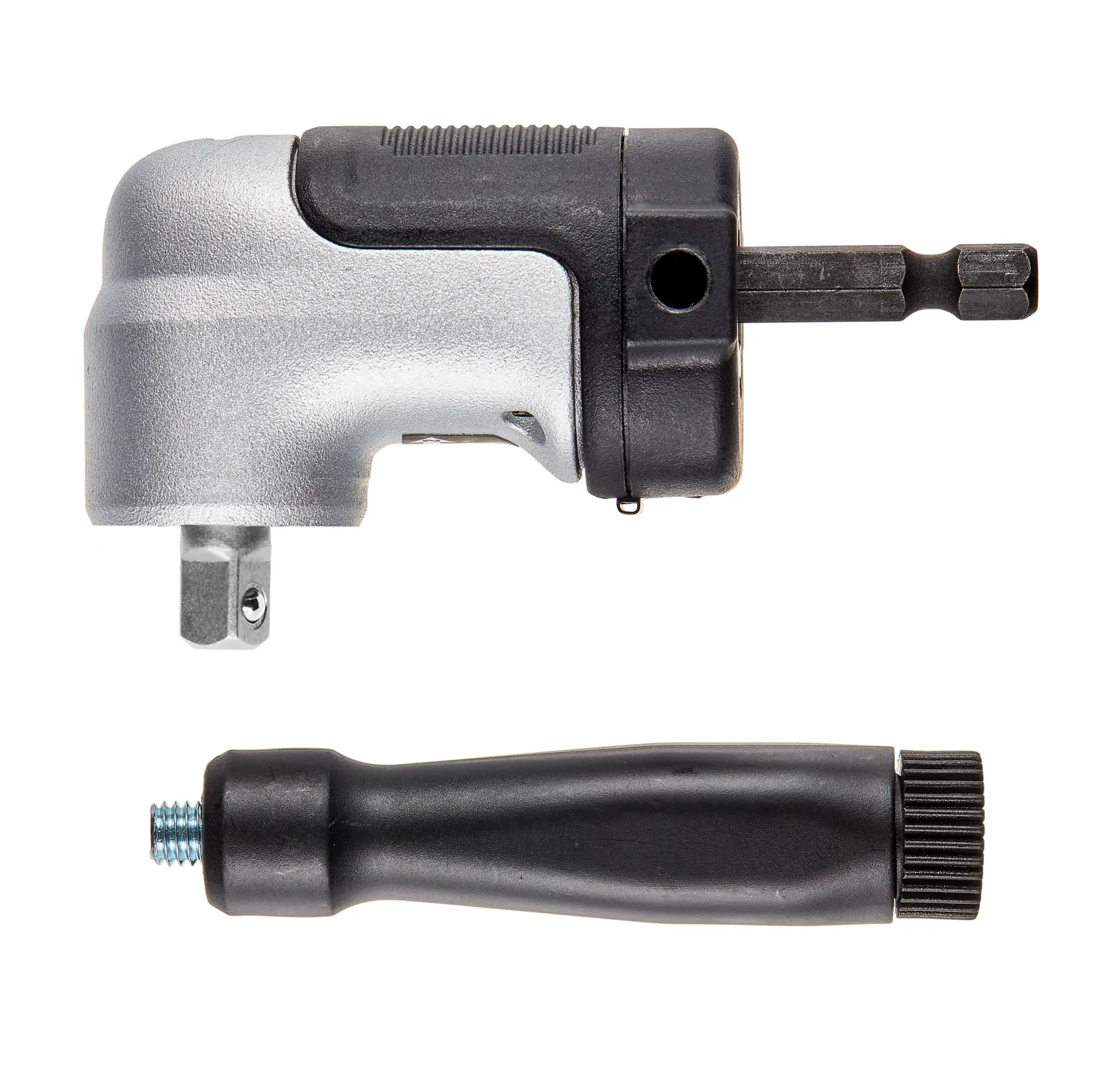 Accesorio DEWALT angular para taladro con mango desmontable sobre fondo blanco.