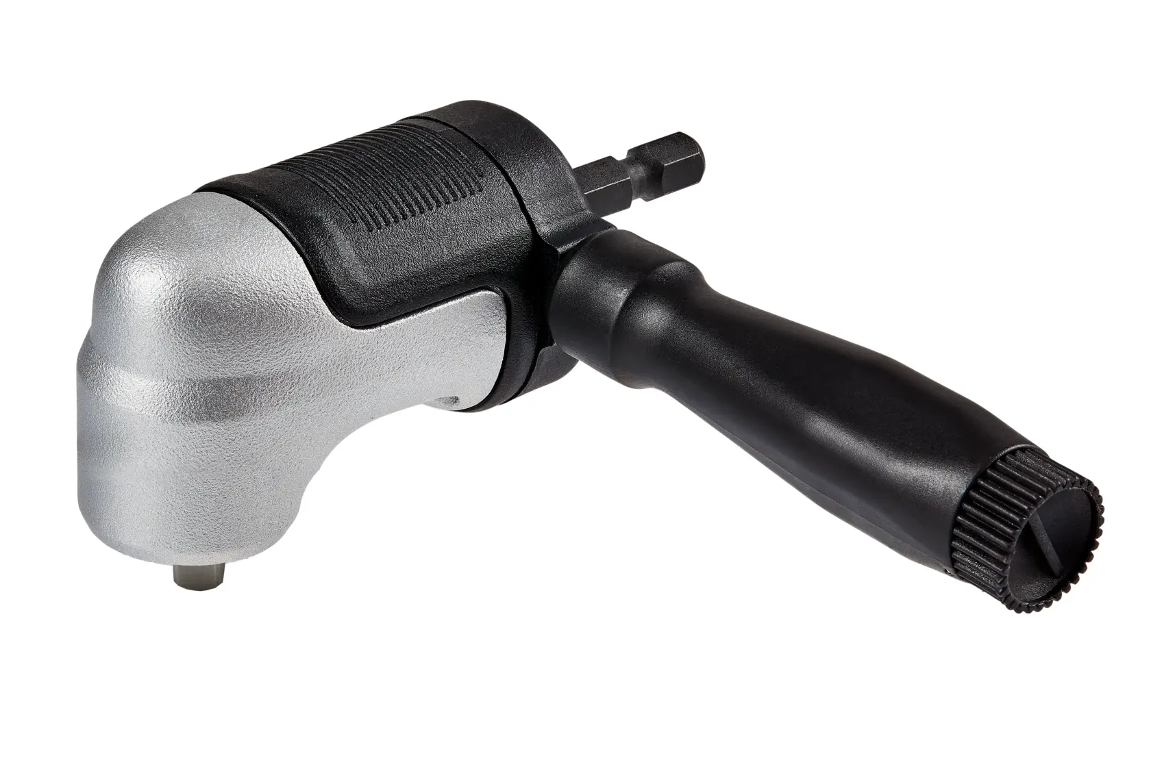 Adaptador de ángulo recto DEWALT con mango negro y cabeza metálica sobre fondo blanco.