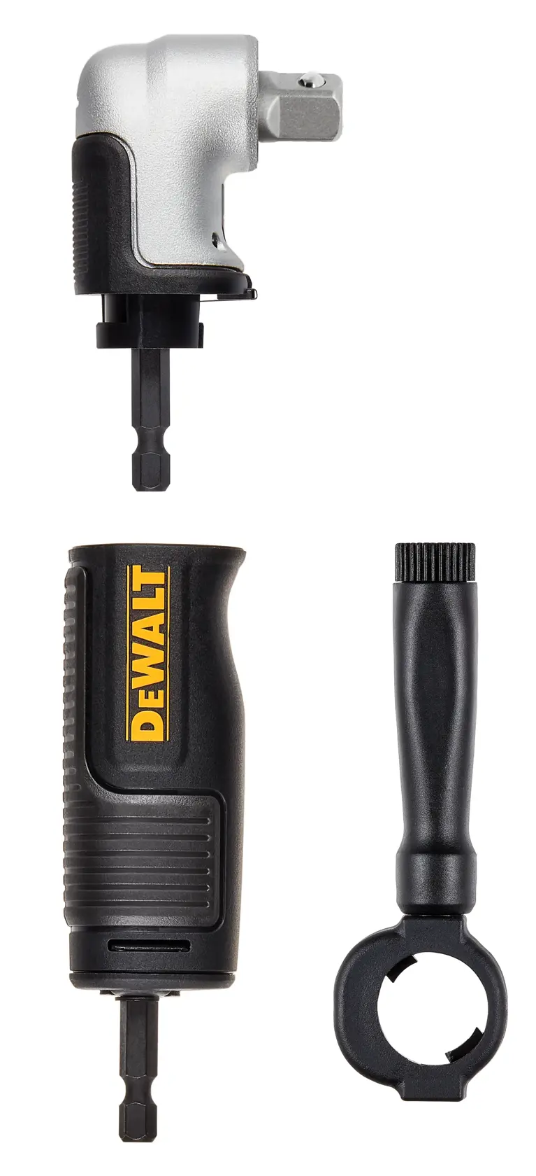 Set DEWALT DT20505 accesorio para taladro angular con mango y empuñadura sobre fondo blanco.