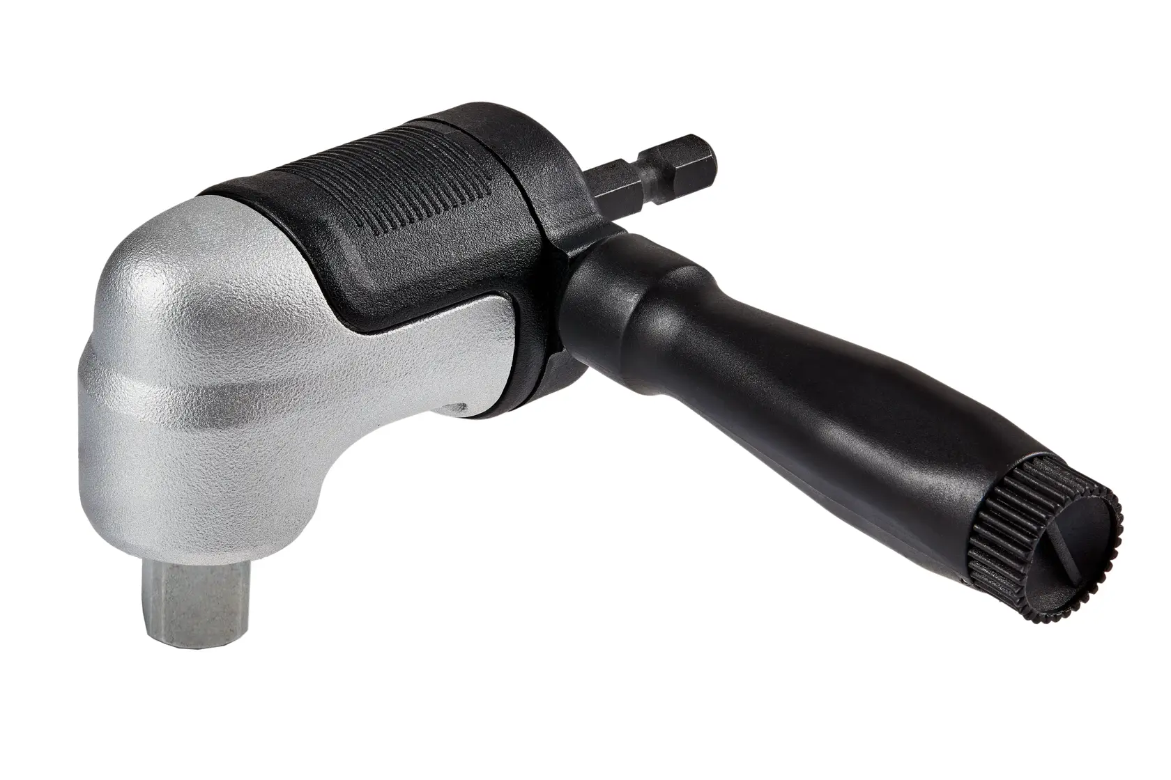 Accesorio de taladro angular DEWALT con mango negro y cabeza metálica, ideal para lugares estrechos.