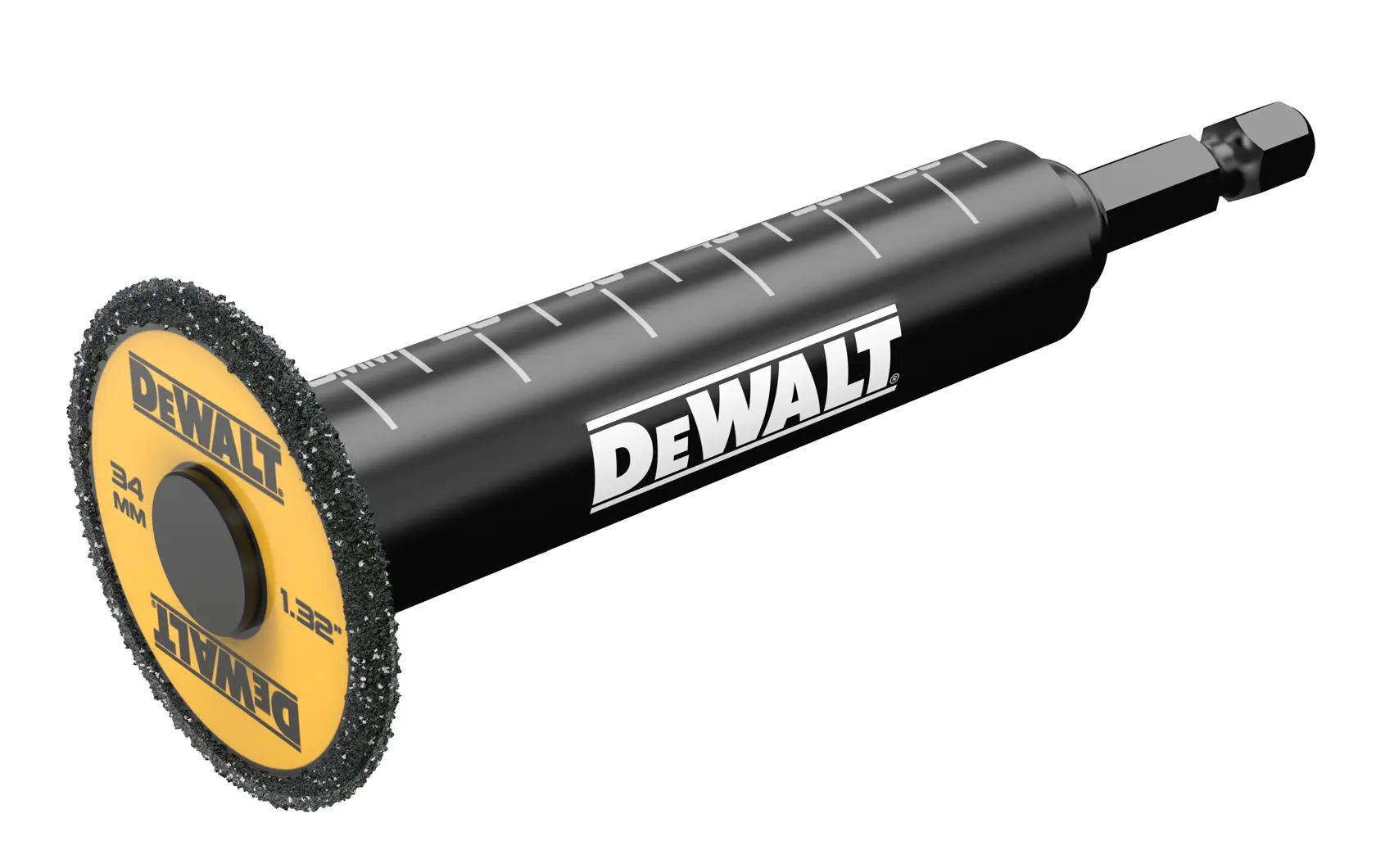 DEWALT DT20563 rotary abrasive tool with black handle and yellow disc, designed for cutting or grinding tasks.