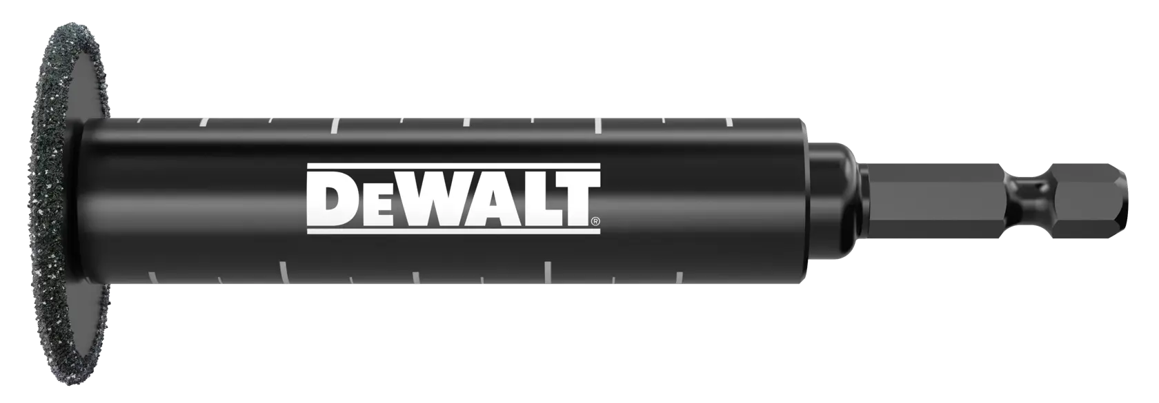 DEWALT black abrasive cutting tool with hex shank and circular blade for precise cutting applications.