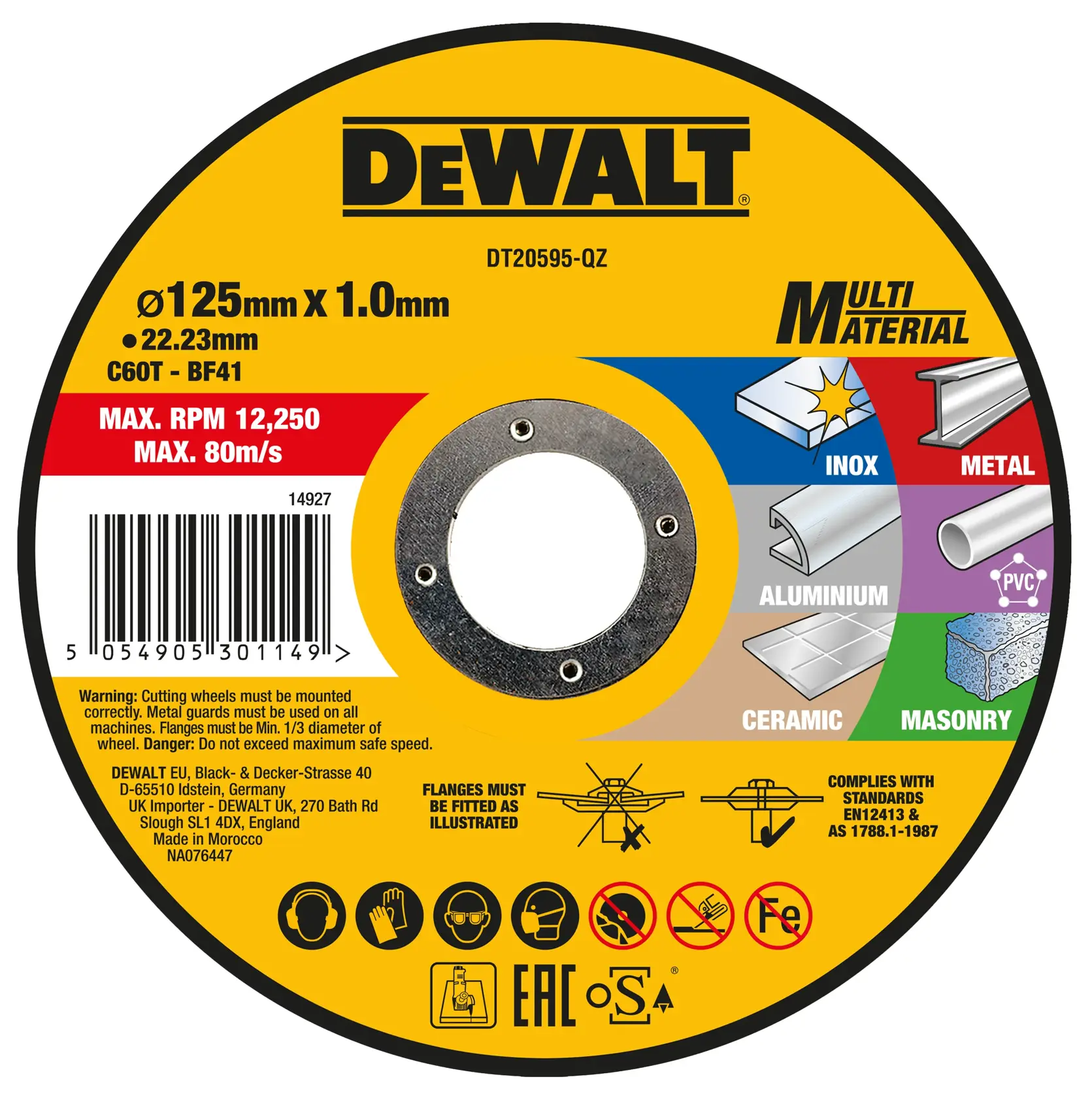 Un disco de corte multi-materiales de la marca DEWALT, modelo DT20595-QZ, con un diámetro de 125mm y un grosor de 1,0mm. El disco está etiquetado para uso en inox, metal, aluminio, PVC, cerámica y mampostería. Presenta una velocidad máxima de 12,250 RPM y una velocidad máxima de 80 m/s. La etiqueta incluye instrucciones de seguridad, pictogramas para equipo de protección requerido y normas de cumplimiento.