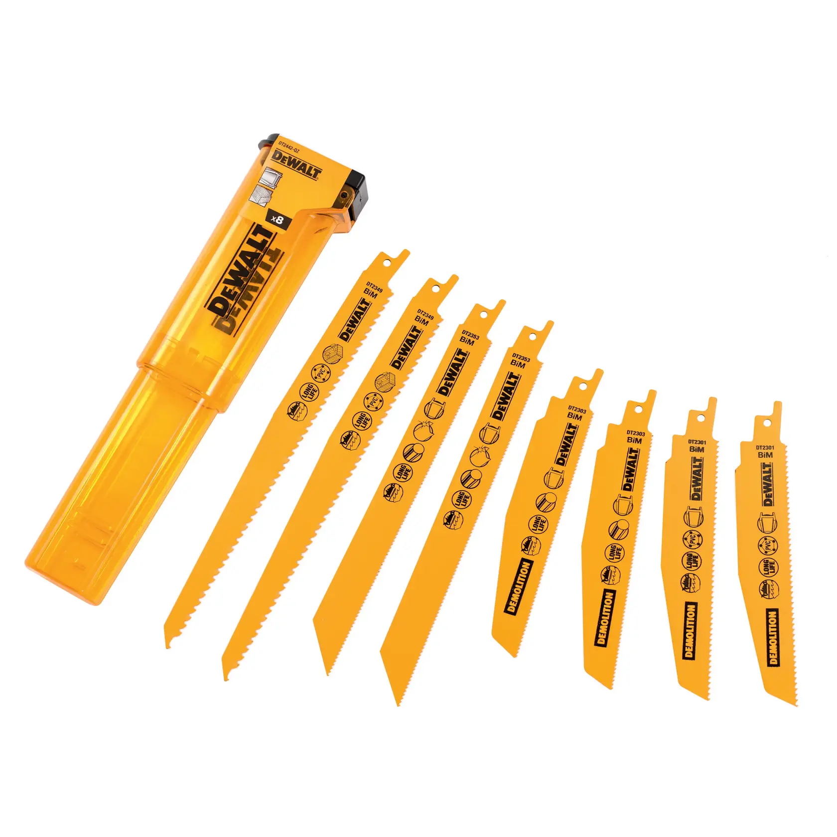 Комплект биметални ножове за саблен трион DEWALT® (смесен) + кутия за съхранение (8 части)