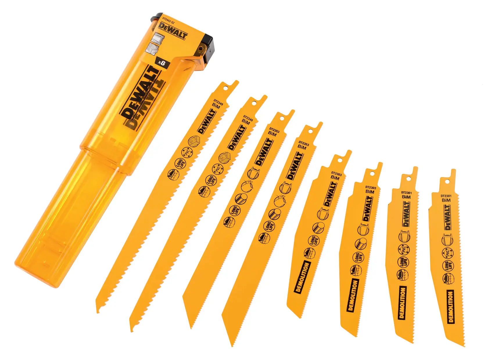 Комплект биметални ножове за саблен трион DEWALT® (смесен) + кутия за съхранение (8 части)