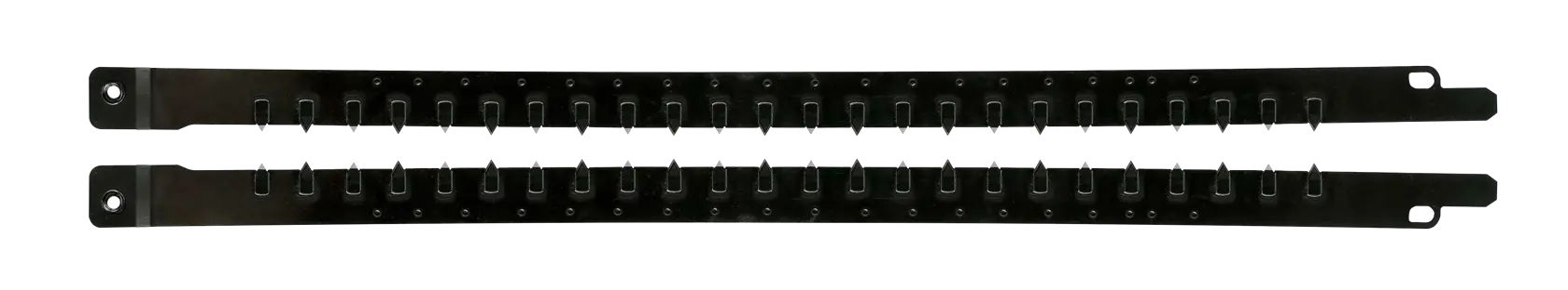 Dos tiras de metal negras con muescas, probablemente repuesto para herramienta o maquinaria.