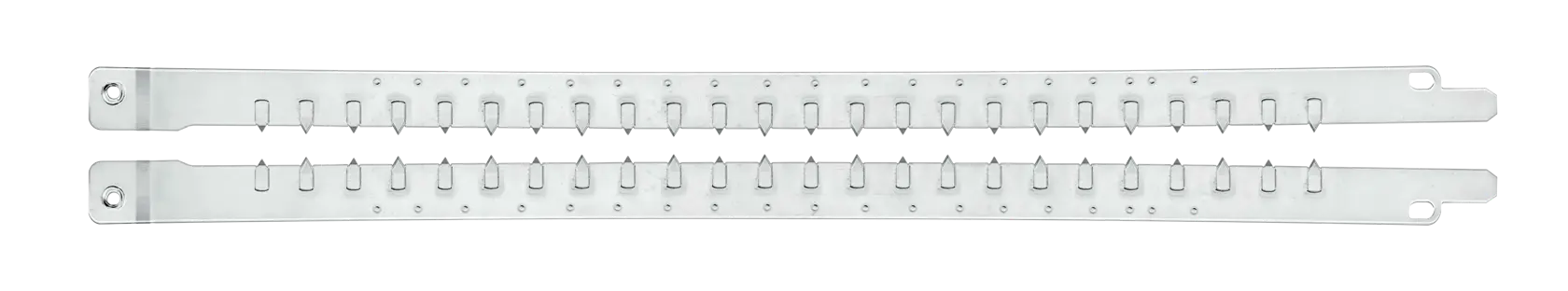 Two metal rack strips with holes and notches, shown horizontally on a white background.