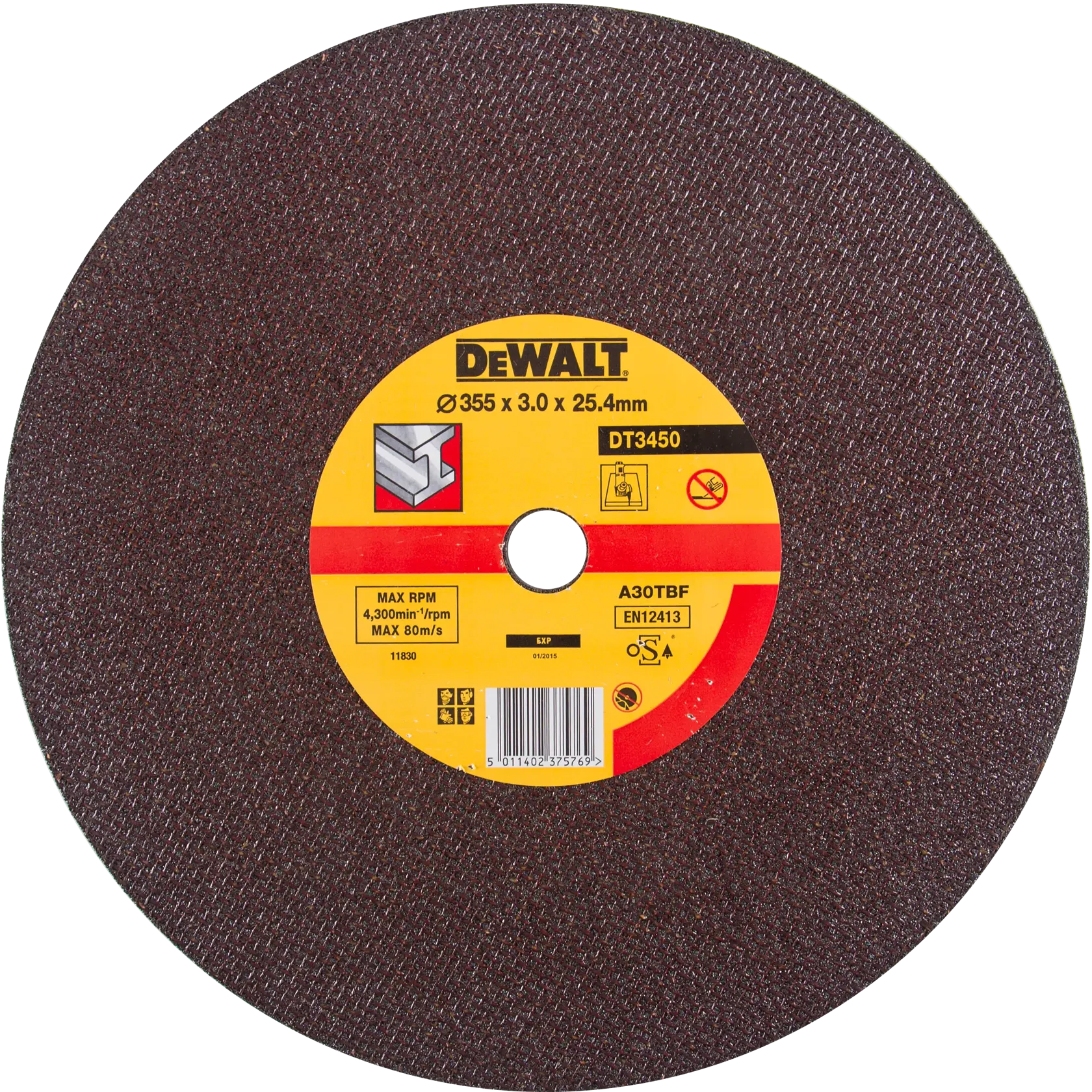 A DEWALT DT3450 cutting disc with a diameter of 355 mm, thickness of 3.0 mm, and center hole of 25.4 mm. The disc is designed for metal cutting and has a brown abrasive surface with a yellow and red label in the center displaying product details and usage icons.