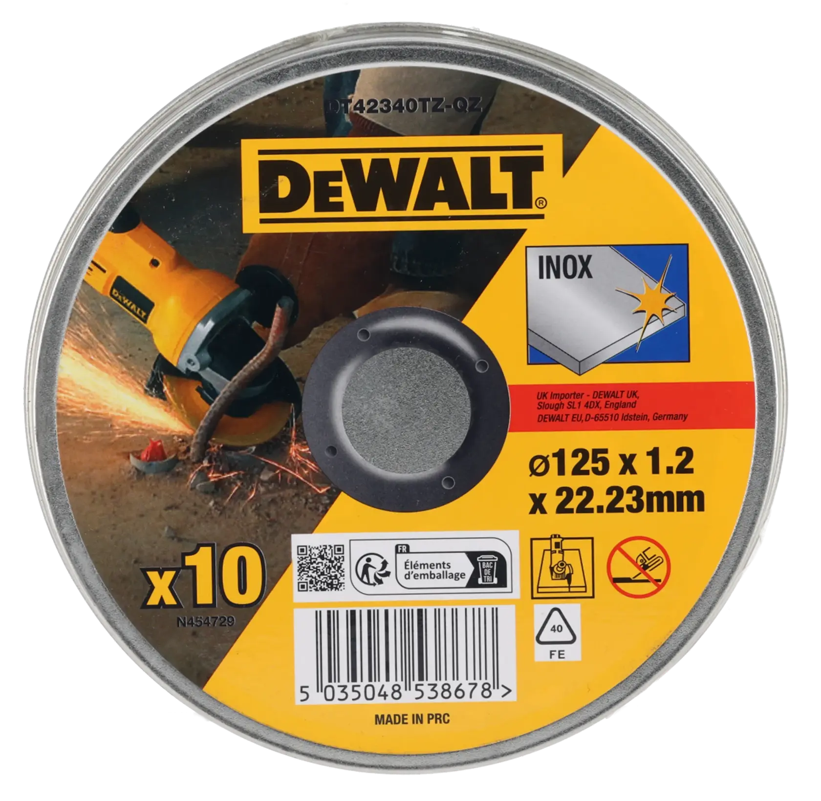 DEWALT® 125 мм x 1,2 мм x 22,23 мм абразивен диск за рязане на INOX (метална кутия от 10 бр.)