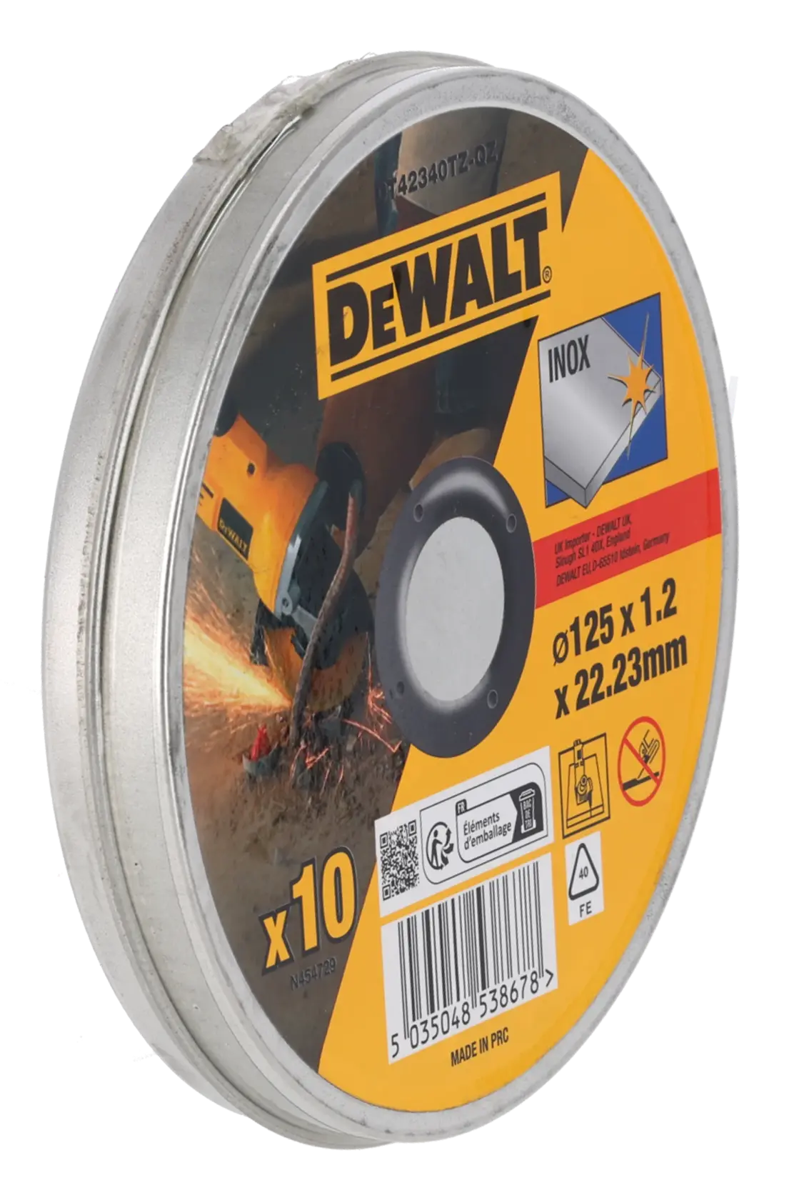DEWALT® 125 мм x 1,2 мм x 22,23 мм абразивен диск за рязане на INOX (метална кутия от 10 бр.)