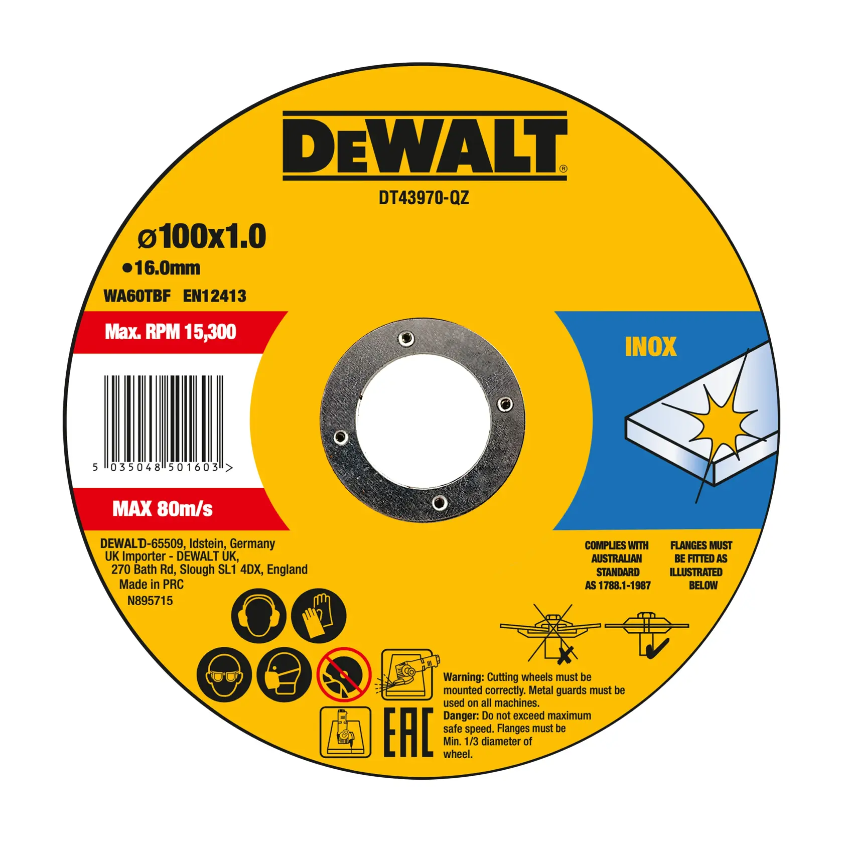 DEWALT® 100 мм x 1 мм x 16 мм абразивен диск за рязане на метал (кутия от 50 бр.)