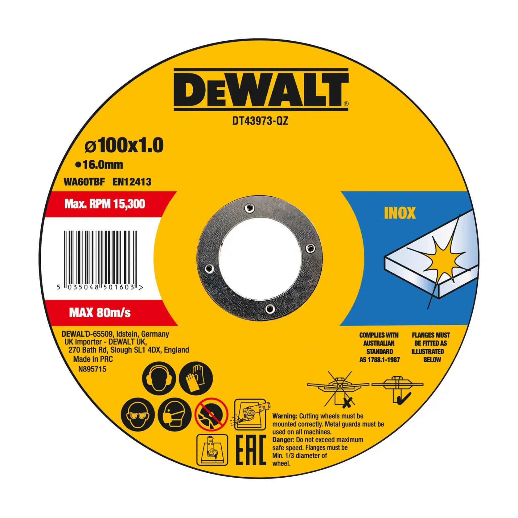 DEWALT® 100 мм x 1,2 мм x 16 мм абразивен диск за рязане (кутия от 10 бр.)