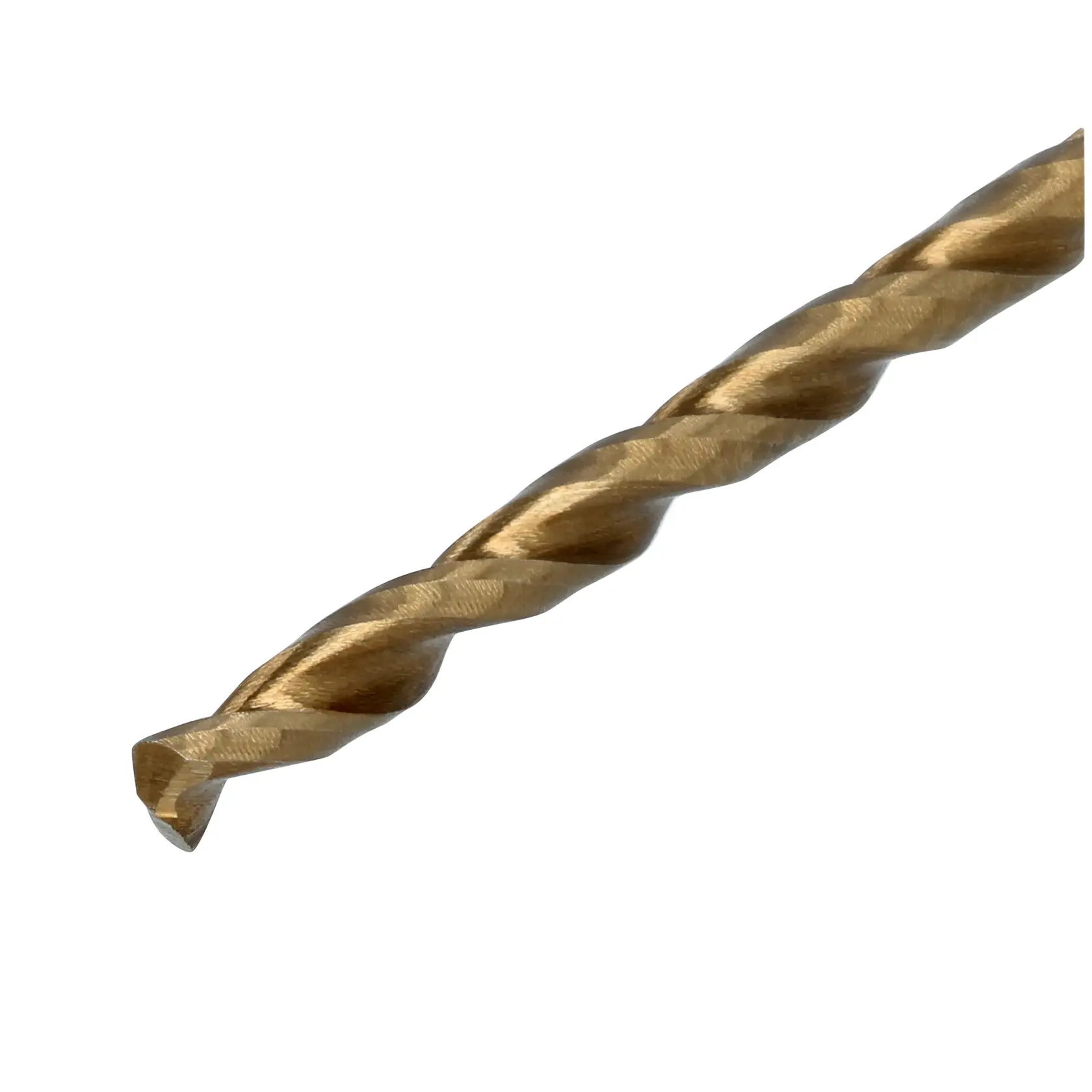 Close-up view of the tip of a gold-colored metal twist drill bit against a white background.