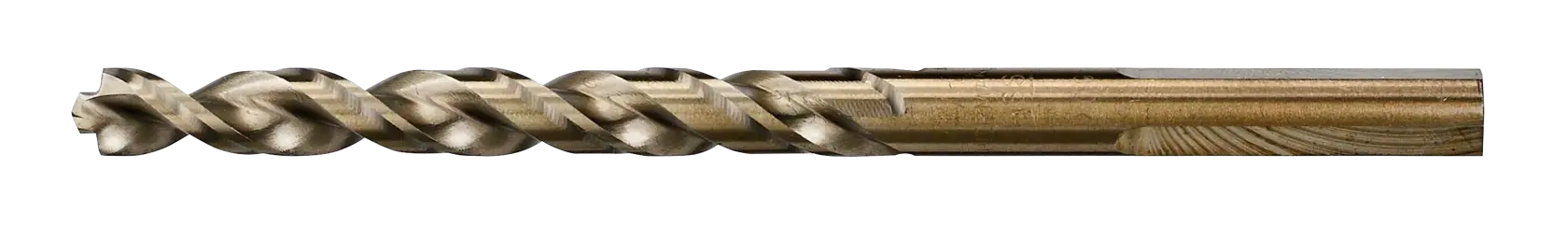 Una broca de metal con una ranura en espiral, mostrada sobre un fondo blanco.