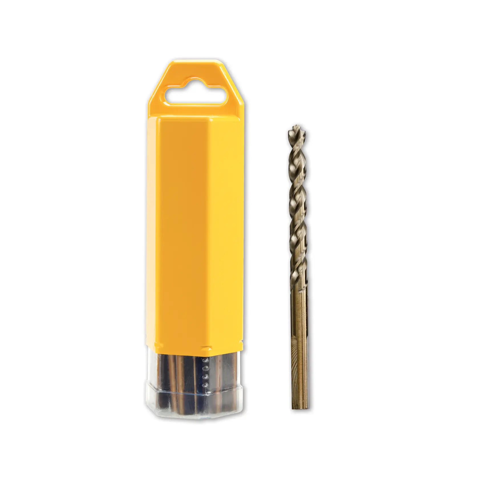 A DEWALT drill bit with a yellow plastic case, shown upright against a white background.