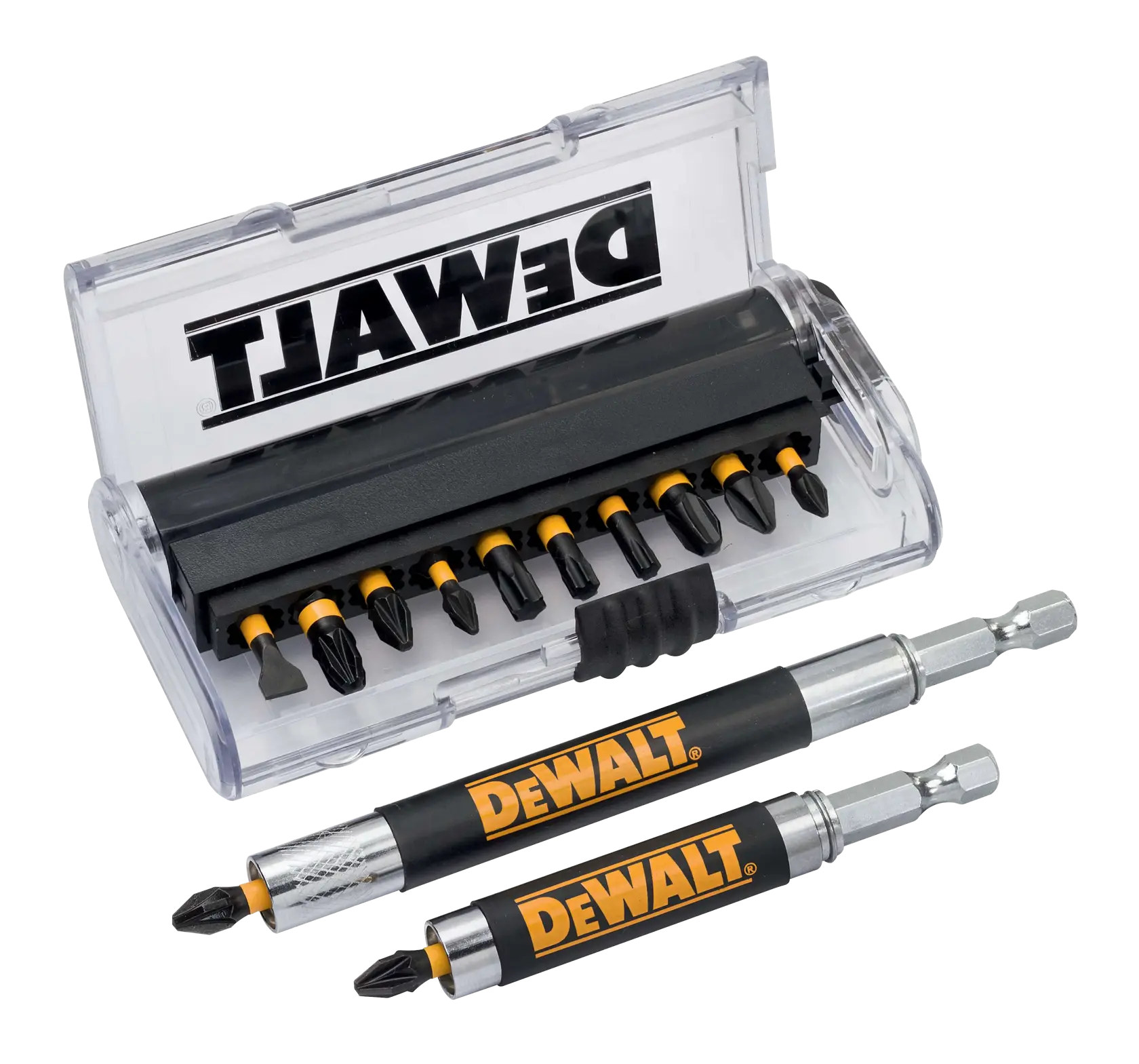 Graphic showing DEWALT XTREME Sub-Compact Series branding with the slogan 'Compact and Performance Packed' on a yellow background.