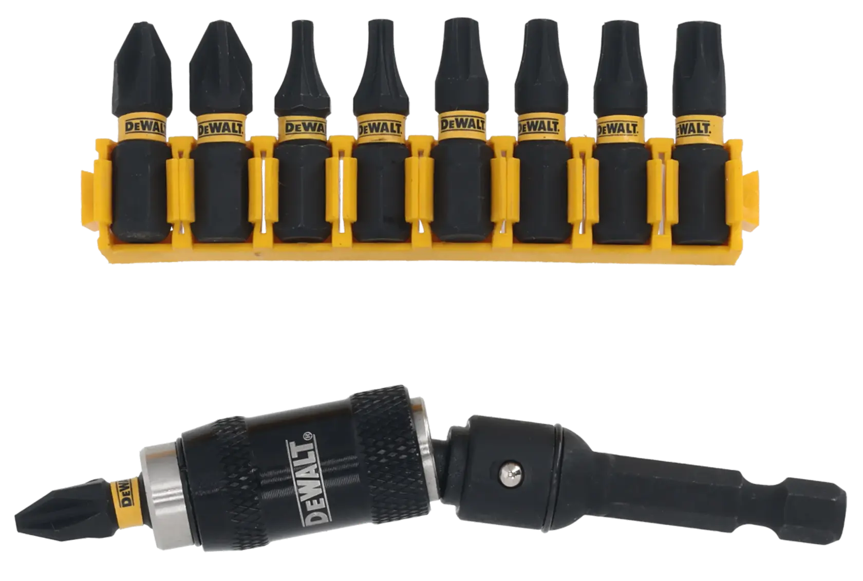 Graphic showing DEWALT XTREME Sub-Compact Series branding with the slogan 'Compact and Performance Packed' on a yellow background.