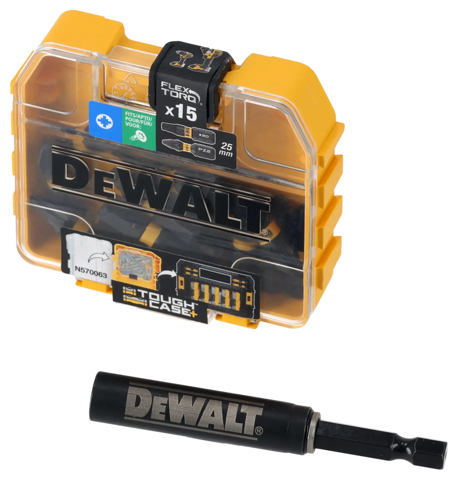 Graphic showing DEWALT XTREME Sub-Compact Series branding with the slogan 'Compact and Performance Packed' on a yellow background.