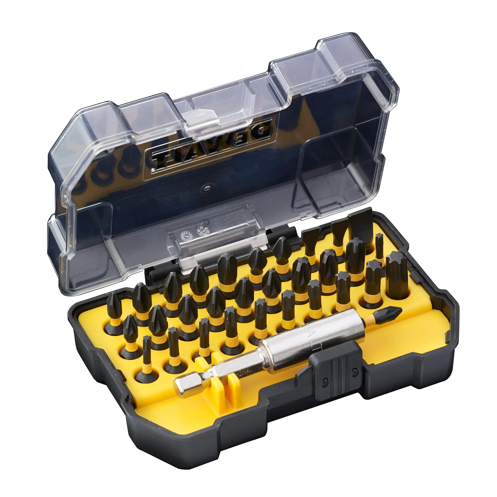 Graphic showing DEWALT XTREME Sub-Compact Series branding with the slogan 'Compact and Performance Packed' on a yellow background.