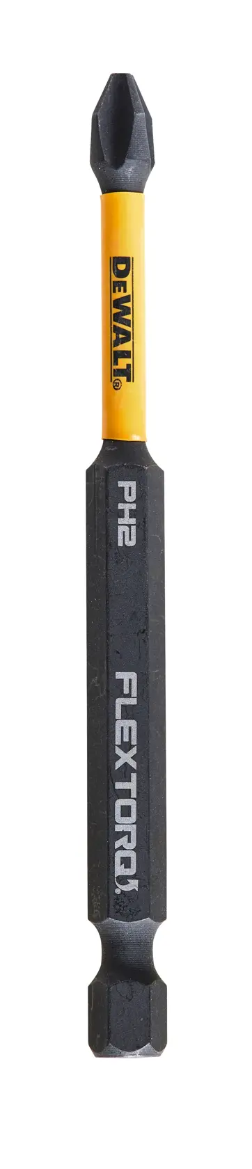 DEWALT FlexTorq PH2 screwdriver bit, black and yellow, designed for impact drivers.
