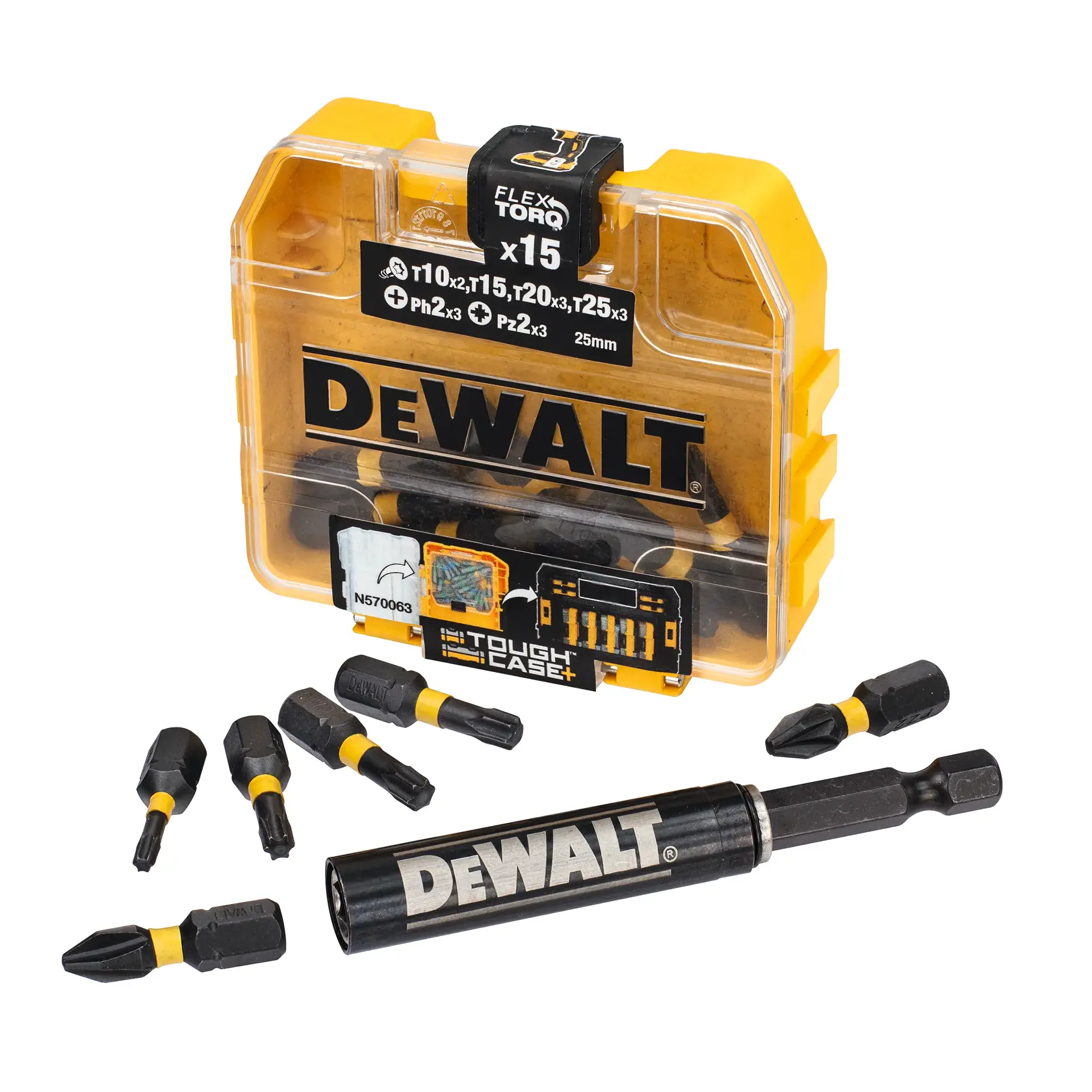 Graphic showing DEWALT XTREME Sub-Compact Series branding with the slogan 'Compact and Performance Packed' on a yellow background.