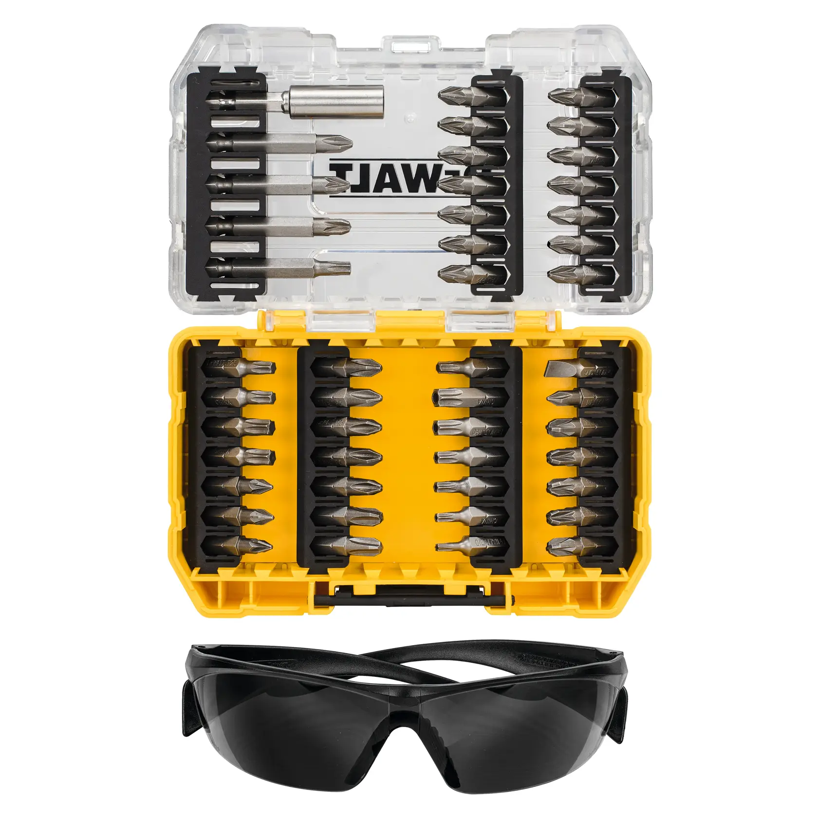 Комплект накрайници за отвертка DEWALT® с тонирани предпазни очила в малка кутия TOUGHCASE®+ (47 части)