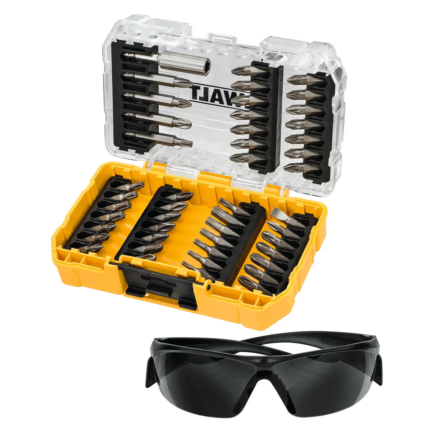 Комплект накрайници за отвертка DEWALT® с тонирани предпазни очила в малка кутия TOUGHCASE®+ (47 части)
