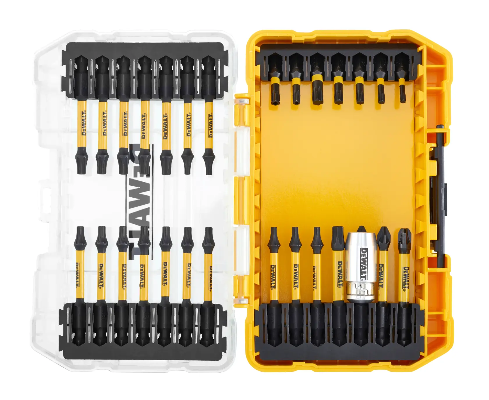 Graphic showing DEWALT XTREME Sub-Compact Series branding with the slogan 'Compact and Performance Packed' on a yellow background.
