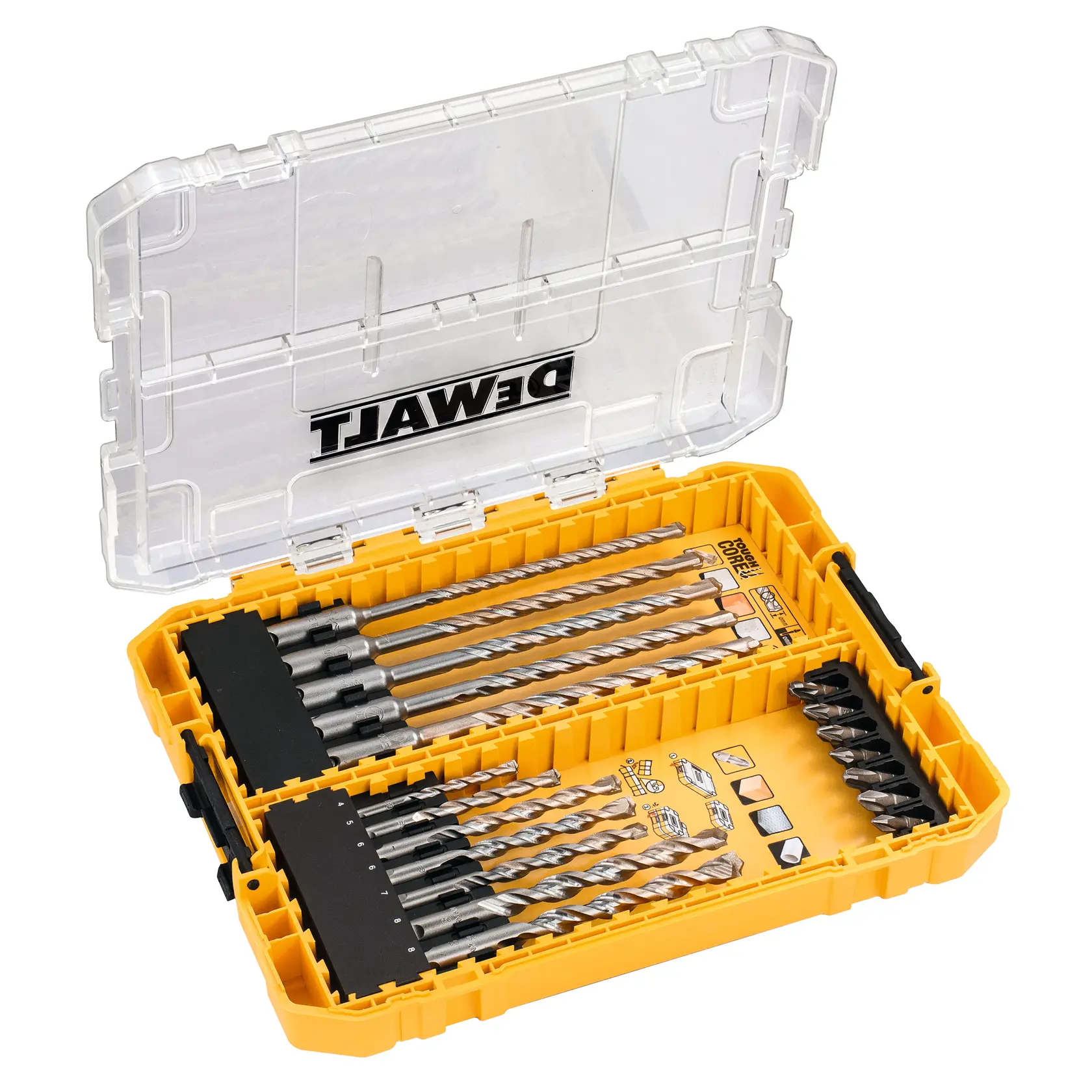 Комплект свредла за зидария DEWALT® SDS Plus с накрайници за отвертка в средна здрава кутия Tough Case (19 части).