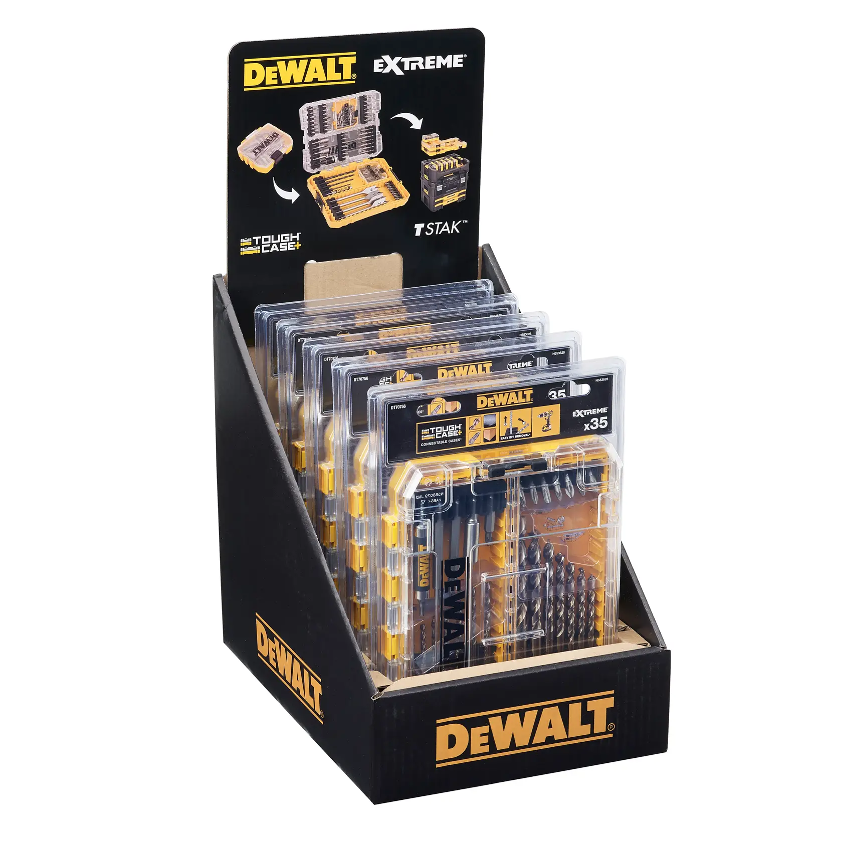 Graphic showing DEWALT XTREME Sub-Compact Series branding with the slogan 'Compact and Performance Packed' on a yellow background.