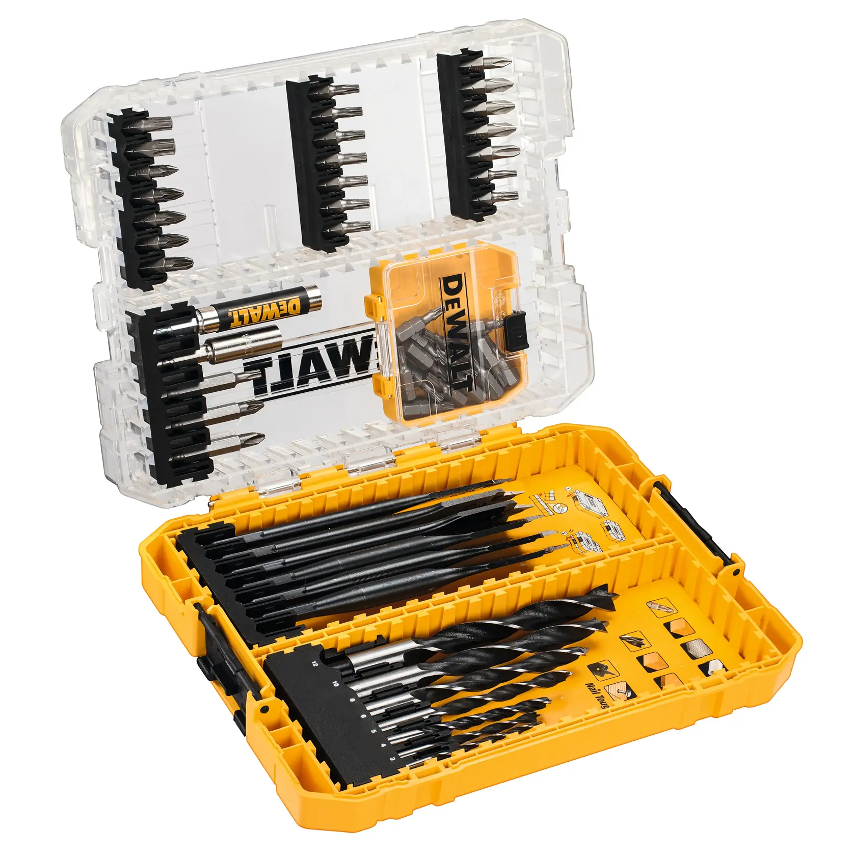 Graphic showing DEWALT XTREME Sub-Compact Series branding with the slogan 'Compact and Performance Packed' on a yellow background.