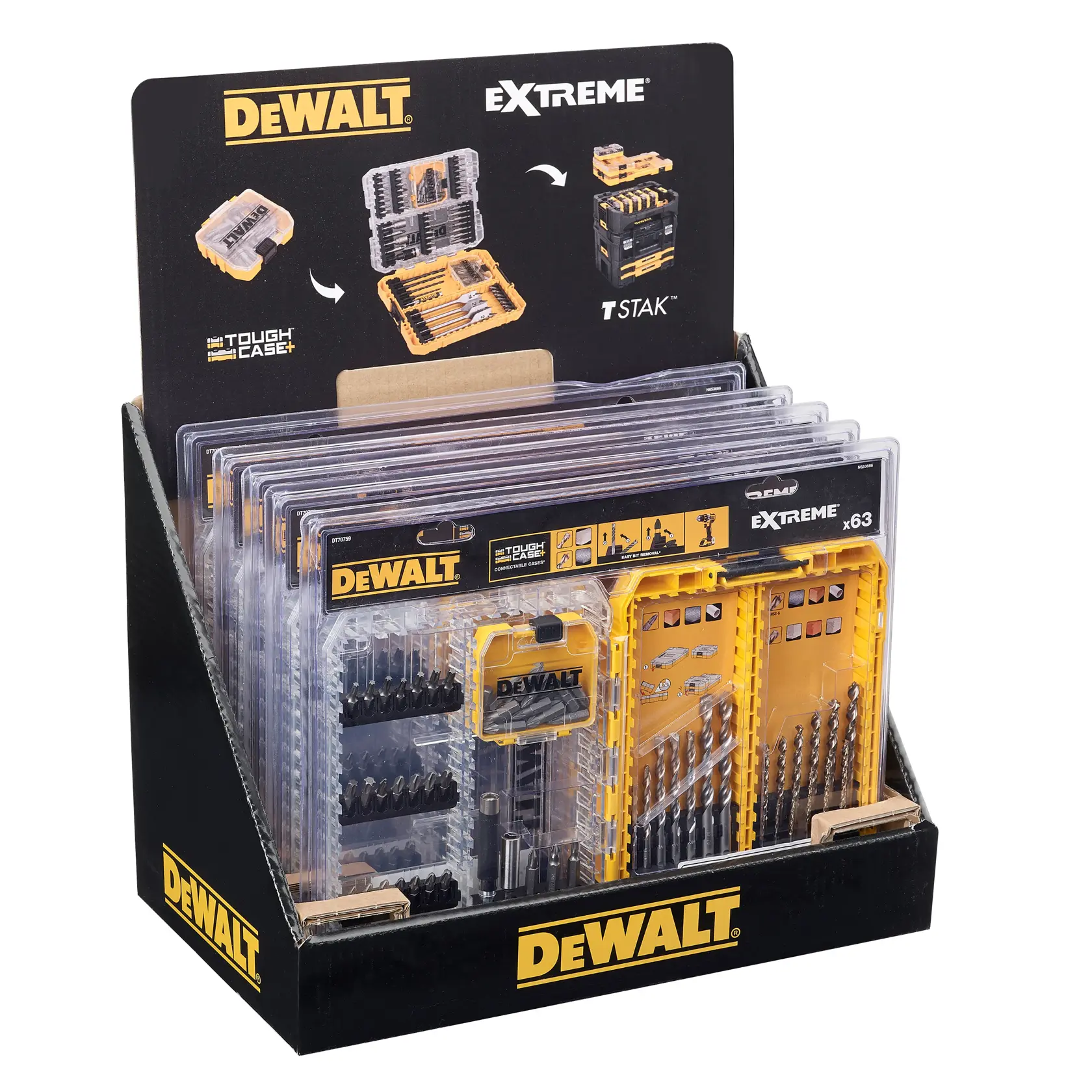 Graphic showing DEWALT XTREME Sub-Compact Series branding with the slogan 'Compact and Performance Packed' on a yellow background.