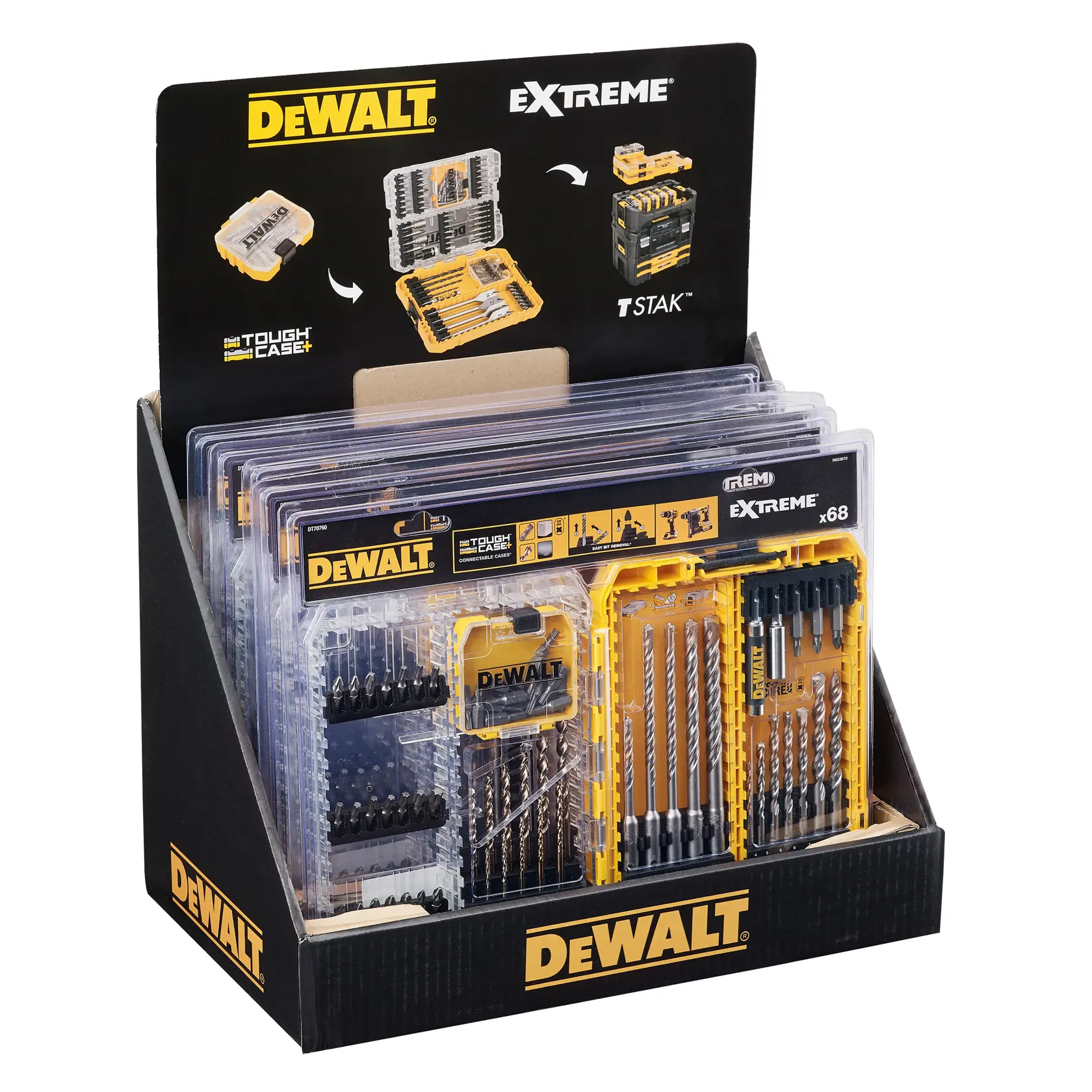 Graphic showing DEWALT XTREME Sub-Compact Series branding with the slogan 'Compact and Performance Packed' on a yellow background.