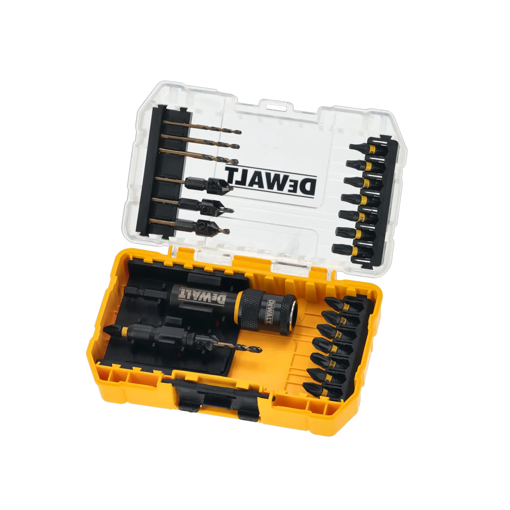 Juego de brocas y puntas DEWALT en estuche amarillo. SKUs: DT70779T, DT70779T-QZ. Categoría fotografía.