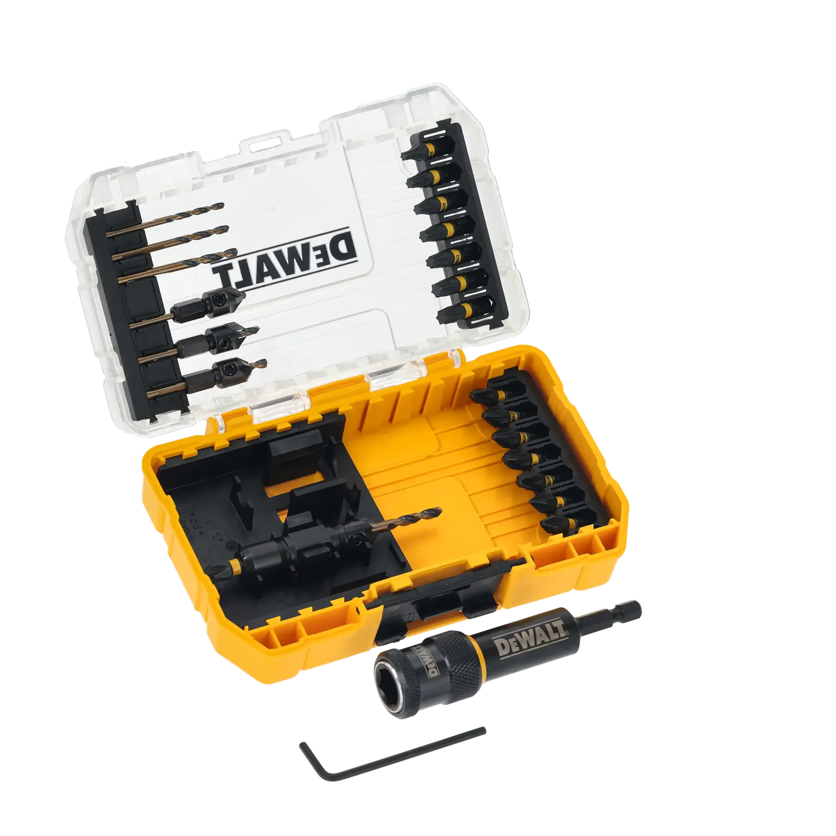 Set de brocas DEWALT en caja amarilla, SKUs DT70779T, DT70779T-QZ, portapuntas y llave hexagonal.