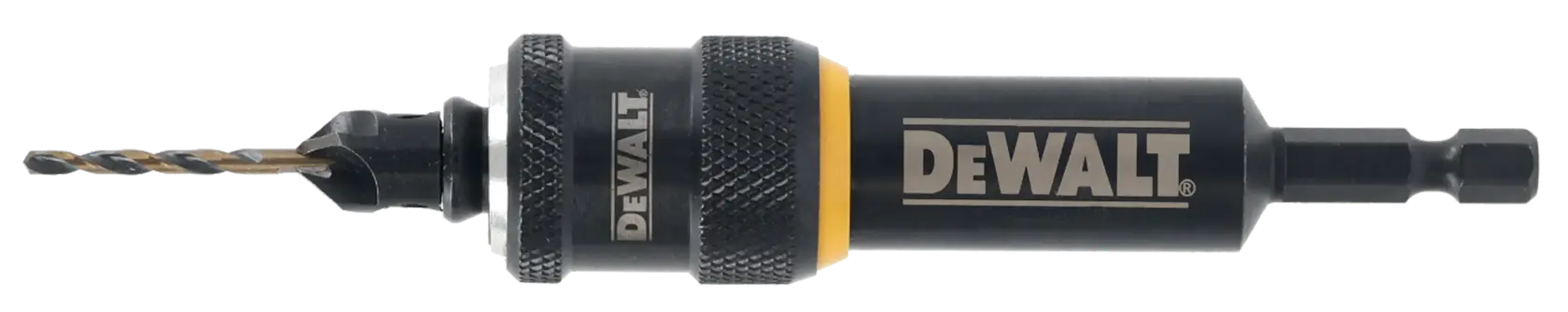 Portabrocas DEWALT DT70786 con broca instalada, mostrado horizontalmente sobre fondo blanco.