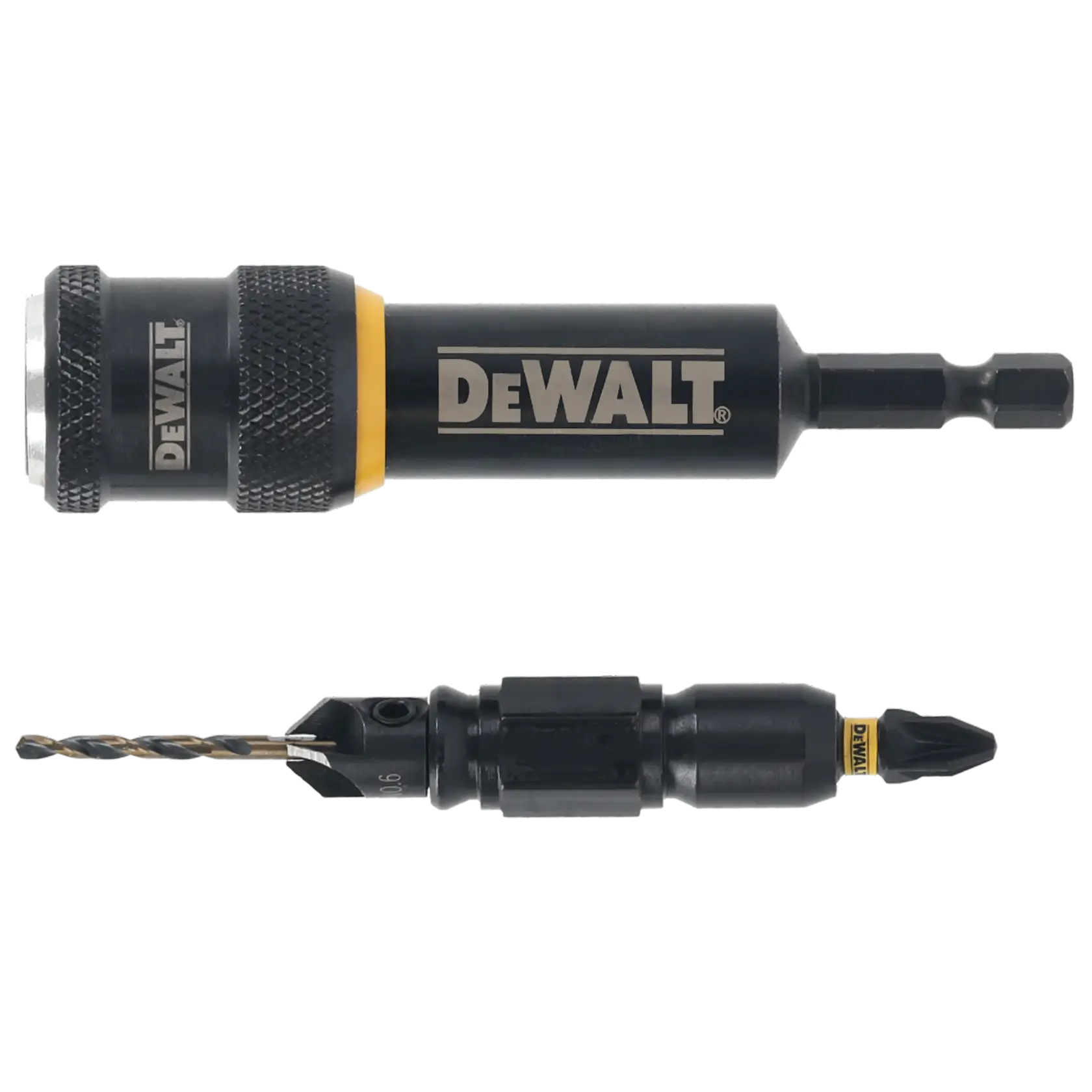 Set de accesorios DEWALT DT70786, dos piezas negras con logotipo y puntas intercambiables.