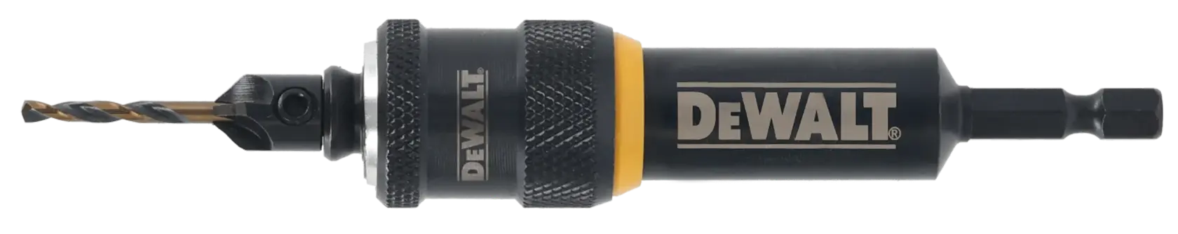 Accesorio de broca DEWALT DT70787 con vástago hexagonal, mostrado sobre fondo blanco.