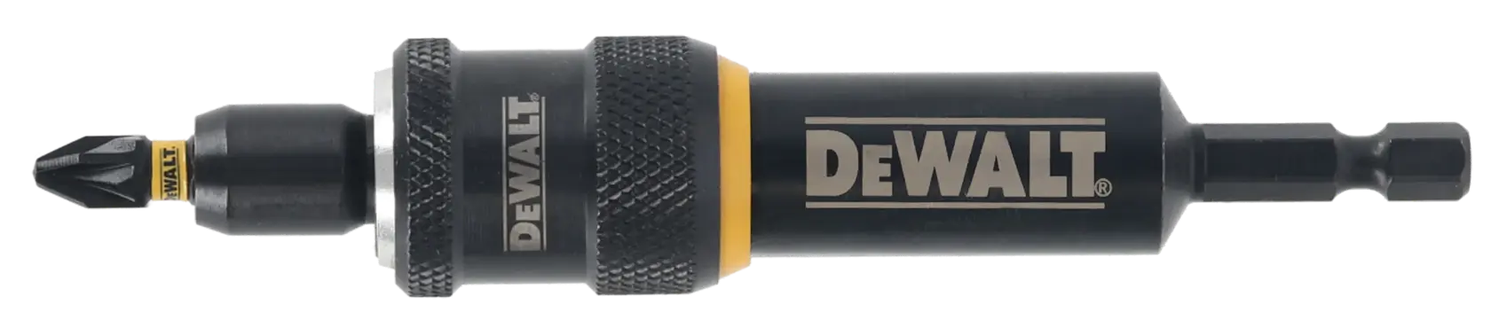 Portapuntas DEWALT DT70787 negro y amarillo con vástago hexagonal sobre fondo blanco.