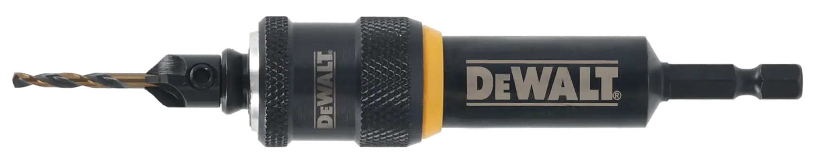 Portabrocas DEWALT con broca en negro y amarillo, diseñado para herramientas eléctricas.