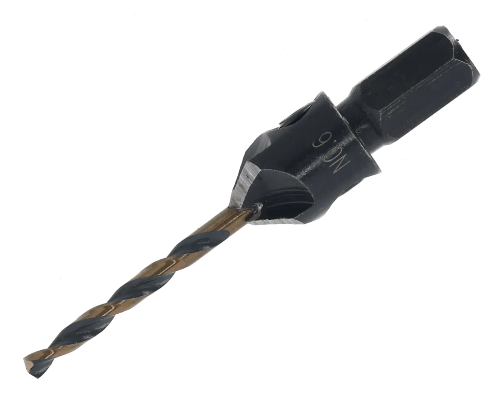 Broca DEWALT DT70790 con avellanador y vástago hexagonal sobre fondo blanco.