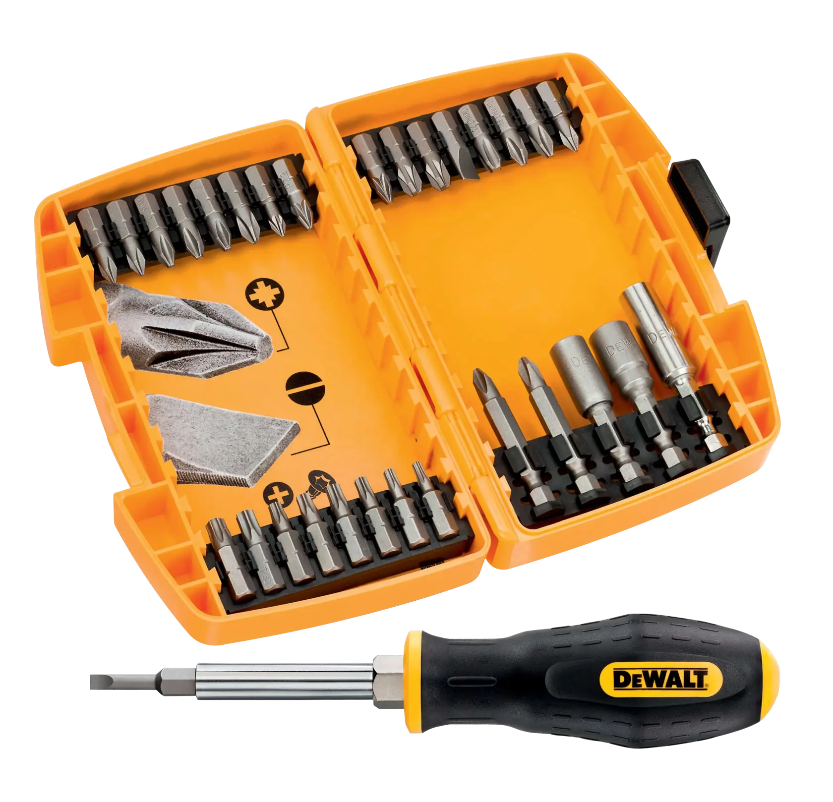 DEWALT® HIGH PERFORMANCE Комплект в малка здрава кутия (Small Tough Case) с отвертка 6 в 1 (30 части)