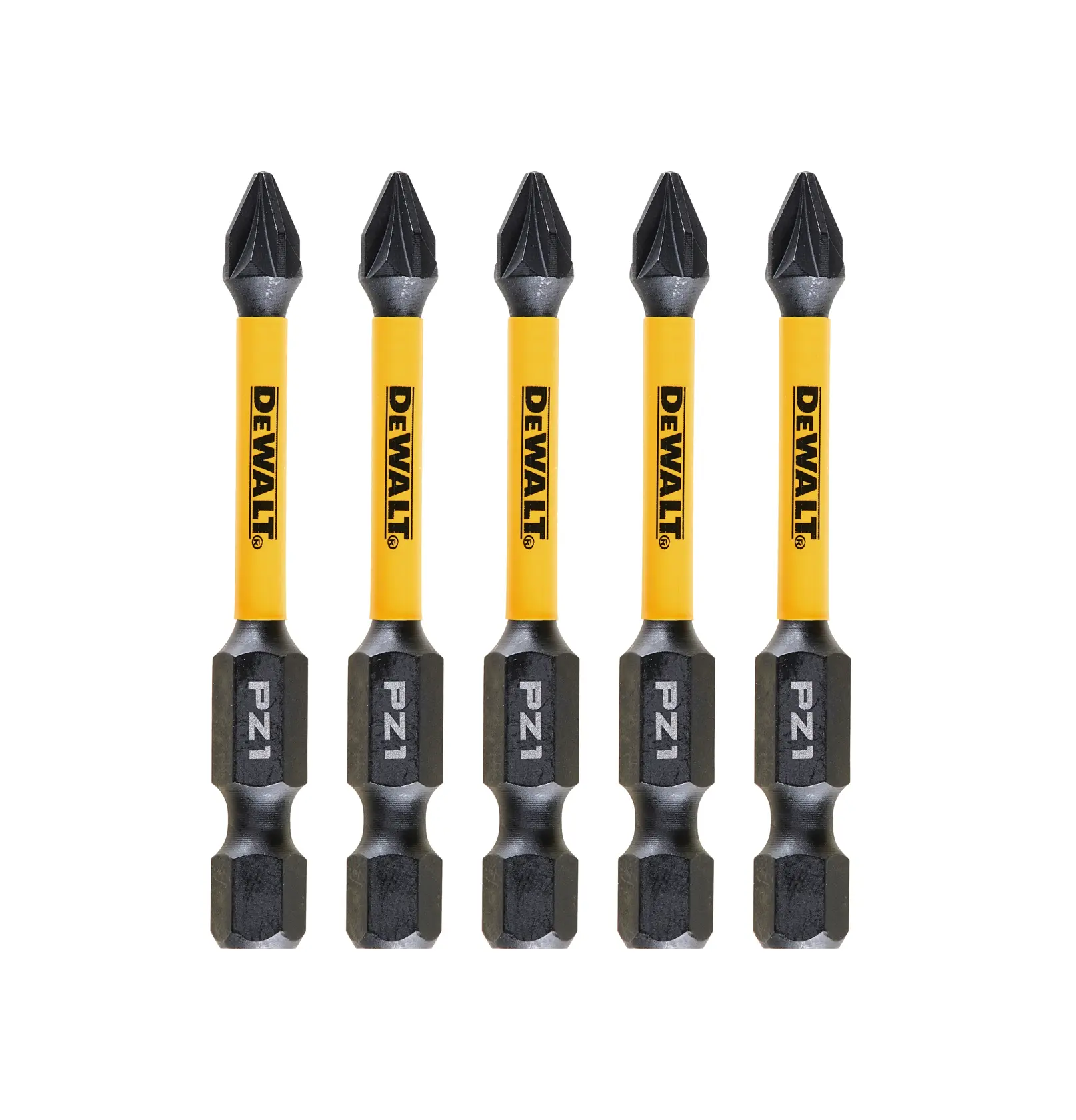 Cinco puntas de destornillador DEWALT PZ1 amarillas y negras, alineadas verticalmente sobre fondo blanco.