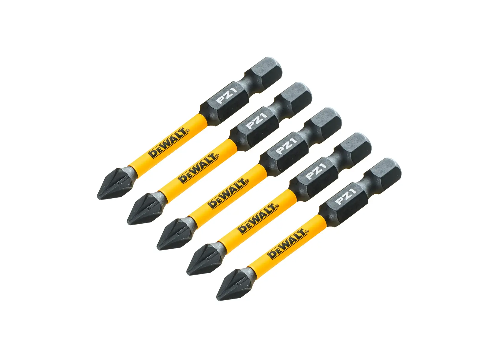 Cinco puntas DEWALT PZ1 de destornillador con eje amarillo, alineadas sobre fondo blanco.